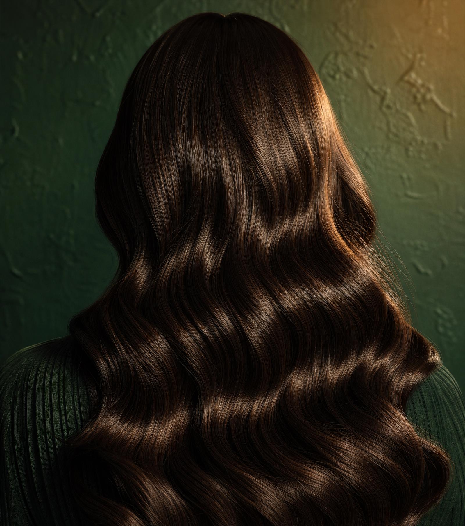 Luxury glossy waved hair against a deep emerald backdrop — ELAN Beauty Salon & Spa
